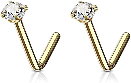 Forbidden Body Jewelry Nose Rings L Shaped, Nose Ring Studs, L Shaped Nose Studs, Nose Piercing Stud, 18g 6mm Surgical Steel L Shaped Nose Ring with 3mm CZ Crystal