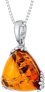 PEORA Genuine Baltic Amber Trillion Shape Pendant Necklace and Earrings 925 Sterling Silver, Designer Solitaire, Rich Cognac Color
