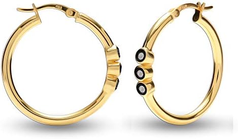 LeCalla Sterling Silver Onyx Hoop Earrings with Click-Top Back Finding for Teens and Women - Round Gemstone Birthstone Design