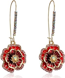 Vintage Rhinestone-Embellished Floral Drop Earrings with Ear Buckle for Women in Unique Fake Gauge Design