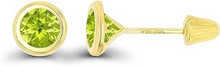 Solid 14K Gold Hypoallergenic 4mm Round Solitaire Genuine Birthstone Bezel Screw Back Stud Earrings
