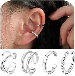 925 Sterling Silver Non-Pierced Cuff Earrings with Cubic Zirconia for Women - Stylish Double Lines Design, 4 Variations Available