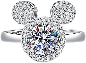CZ Encrusted Mickey Mouse Silver Engagement Ring for Women and Girls, Adjustable Size, Hypoallergenic Base, Gift Packed – Fun & Elegant Design