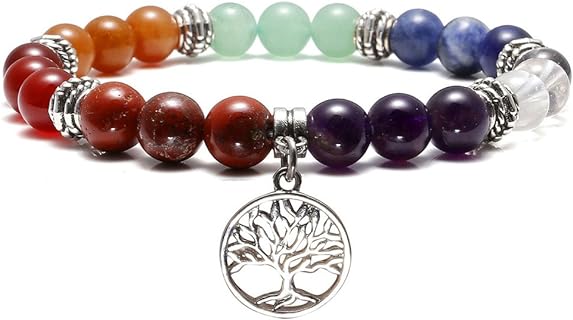 Top Plaza 7 Chakra Reiki Healing Bracelet with Bead Chain and Elastic Clasp, Genuine Stones and Silver Alloy Tree of Life Charm for Women