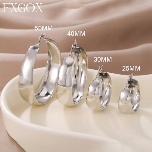 EXGOX Gold Hoop Earrings for Women Sterling Silver Post Hoops Earrings for Women Wide Thick Silver Hoop Earrings Hypoallergenic Lightweight 14k Real Gold Plated Hoop Large Earrings (25/30/40/50MM)