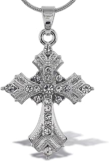 Unisex Fleur De Lis Cross Pendant Necklace in Silver Zinc with Sparkling Crystals and Snake Chain - Alluring 1-Inch Pendant Accessory for Elegant Style