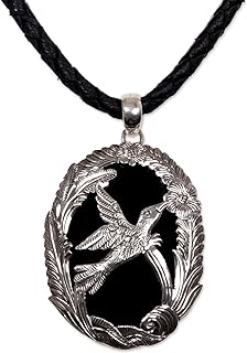 NOVICA Handmade Onyx Pendant Necklace .925 Sterling Silver Leather Cord Indonesia Animal Themed Birthstone Bird 'Perfectly Free'