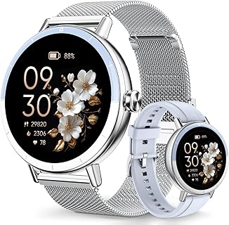 FOZULANYスマートウォッチ、Bluetooth5.3通話機能と100種類運動モード、1.27インチ丸型TFT-LCD画面。女性向けでおしゃれなデザイン。