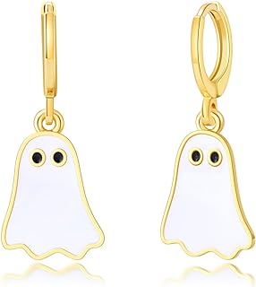 Hinged Hoop Ghost Stud Earrings in Gold-Plated Zinc for Women - Cute Halloween Themed Hoop Design