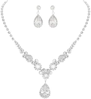 Unicra Bride Silver Bridal Necklace Earrings Set Crystal Bridal Wedding Jewelry Set Rhinestone Choker Necklace for Women and Girls (3 piece set - 2 earrings and 1 necklace)