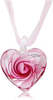 Lovely Glaze Spiral Flower Love Heart-Shape Pendant Necklace Inner Inlaid Flower Geometric Ribbon Chain Creative Jewelry for Women Girls Gifts-Pink Flower