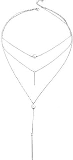 Bohemia Layered Choker Necklace Stick Bar Necklace Disc Necklace Coin Necklace Silver Bar Disc Pendant Necklace for Women and Girls