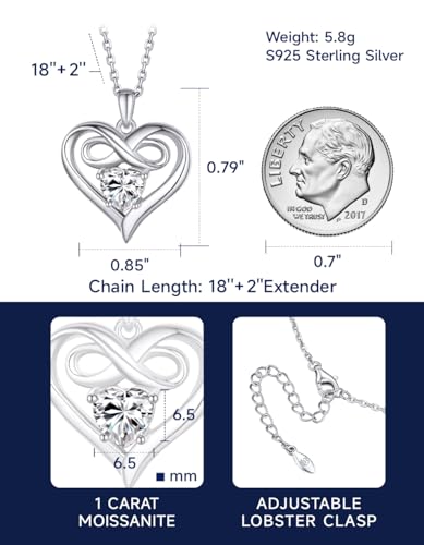 Heart Necklace, 1Carat Moissanite Necklace for Women, D Color VVS1 Moissanite 925 Sterling Silver Heart Necklace Birthday Gift for Her Girls