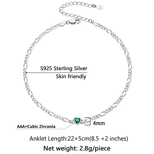 SILVERCUTE Figaro Anklets for Women, Sterling Silver Diamond Cut 3mm Link Chain Ankle Bracelet with Heart/Round Birthstone, Length 8.5"-10.5"