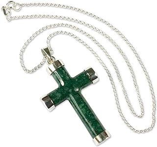 Spring Ring Clasp Jade Cross Pendant Necklace with Figaro Chain, Sterling Silver from Guatemala, Handmade Artisan Gift for Women