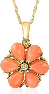 Ross-Simons Coral Flower Pendant Necklace With Diamond Accent in 14kt Yellow Gold