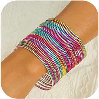 Colorful Alloy Boho Bangle Bracelets with Layered Design for Women, Rainbow-Color Stackable Bangles