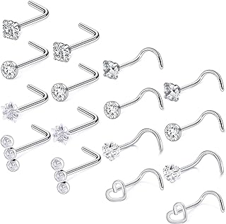 18G 20G Nose Rings Studs Stainless Steel L Shaped Screw Nose Rings Hypoallergenic Cubic Zirconia Nostril Nose Piercing Jewelry for Women Men Silver