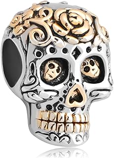 Fit Pandora Charms Silver Plated Dia De Los Muertos Skull Charm Bead (4.8-5mm), 14.9mm