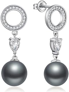 18K White Gold Plated Pearl Earrings for Women, 925 Sterling Silver Cubic Zirconia Diamond Pearl Dangle Earrings Simulated White and Gray Pearl Jewelry 10MM, Pearl Jewelry Gift for Women