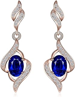 JewelryPalace Oval Shape 2.2ct Created Sapphire Dangle Earrings for Women, 925 Sterling Silver 14k Gold Plated Earrings for Her, Wave Simulated Diamond Gemstone for Girls