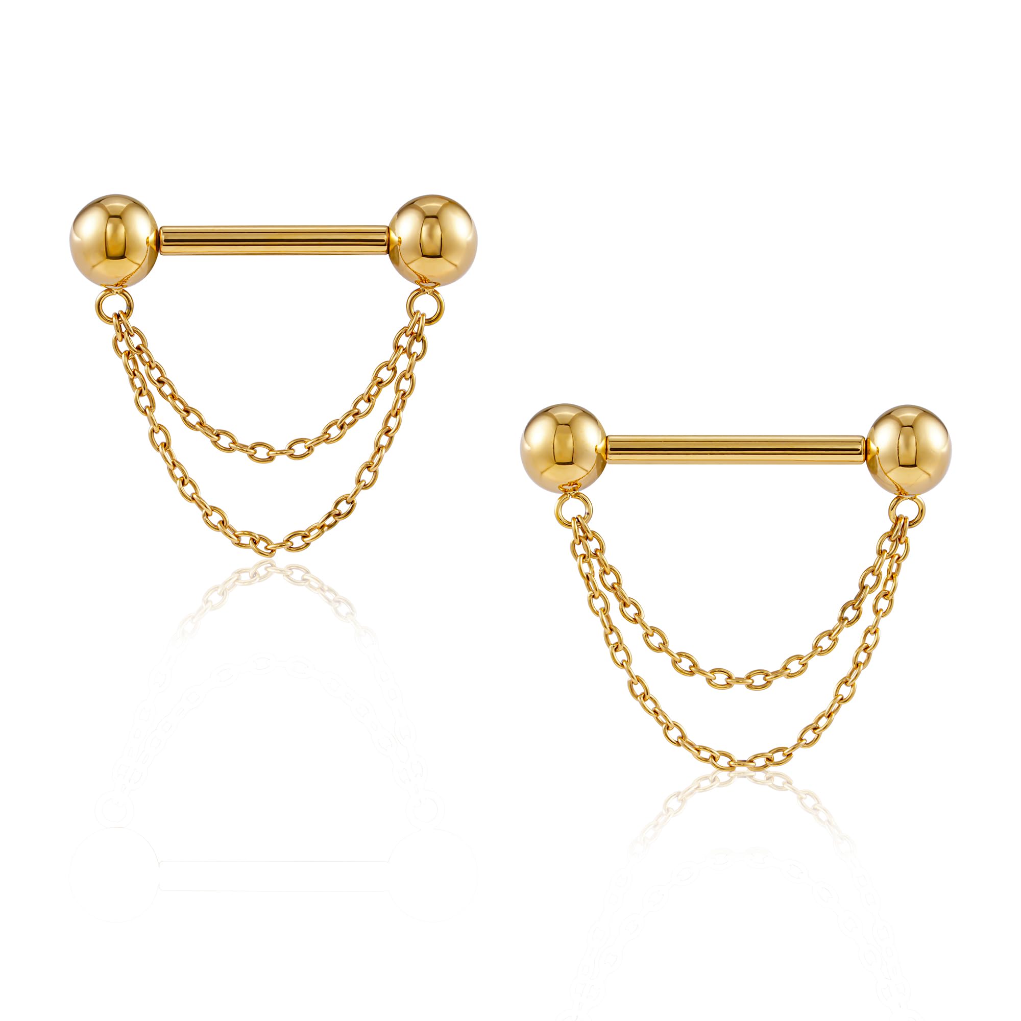 FINE4U 1 Pair Nipple Rings Titanium 14G 12mm 14mm 16mm - ASTM F136 Titanium Nipple Piercing Jewelry, Push in Straight Barbell with Chain, Threadless Nipple Bars