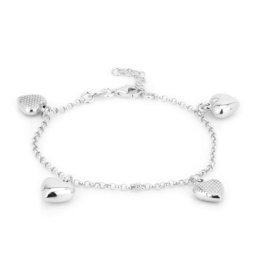 Vanbelle Sterling Silver Jewelry - Rhodium Plated with 925 Stamp - Dangling Puffed Heart Charm Bracelet - Elegant handcrafted for Women - 6.5" long + 1" extender