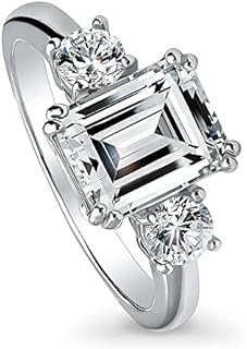 BERRICLE Sterling Silver 3-Stone Wedding Engagement Rings Emerald Cut Cubic Zirconia CZ Promise Ring for Women, Rhodium Plated Size 4-10