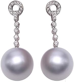 JYX Pearl 18K Gold Earrings AAA Genuine 16-16.5mm Seawater Cultured White South Sea Pearl Drop Dangle Earrings Dotted with Diamonds