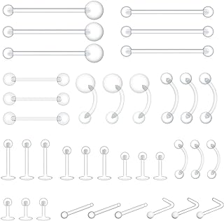 36pcs Clear Piercing Retainers Bioflex Plastic Jewelry for Nipple Tongue Nose Septum Eyebrow Belly Earrings Tragus Helix Cartilage Industrial Lip Labret Rings Studs For Surgery Mri