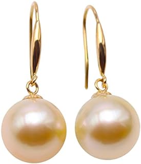 JYX 18K Yellow Gold Dangle Earrings with Luxurious Golden South Sea Pearls and Beaded Back - Elegant Round Design