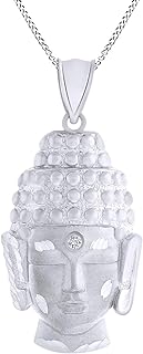 AFFY Round Shape Simulated White Sapphire Small Buddha Head Pendant Necklace in 10k Solid Gold