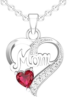 925 Sterling Silver Mom Ruby Pendant Necklace with 18" Rope Chain | Encrusted with Heart-Shaped Ruby & White Topaz | Secure Lobster-Claw Clasp | Ideal Gift for Mom on Special Occasions