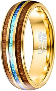 6mm/8mm Tungsten Carbide Engagement Ring with Hawaiian Koa Wood and Opal Inlay for Him, Dome Style Comfort Fit, Size 6-14