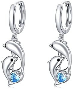 Women's Dolphin Hoop Earrings with French Wire Back, Sterling Silver & Blue Heart-Shaped Crystal Dangling Design, Hypoallergenic - Ideal Ocean Themed Gift