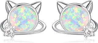 TANGPOET Hypoallergenic Sterling Silver Stud Earrings for Women and Girls - Whimsical Animal Design (Butterfly, Bunny, Hedgehog, Penguin, Cat) with Opulent Lab Created Opal - Comfortable Push Backs