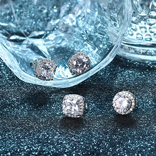 Cubic Zirconia Studs | S925 Sterling Silver Earrings for Women Men | Hypoallergenic 18K White Gold Round Square Brilliant Large Simulated Diamond Halo Stud Earrings