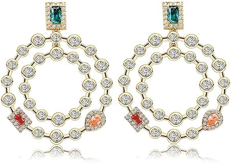 Large Geometric Double Circle Drop Earrings with Cubic Zirconia and Crystal for Women