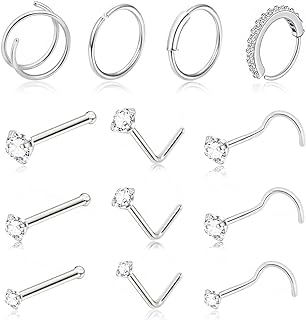 13Pcs 20G Titanium Nose Rings Studs for Women, Nose Piercings Rings Hoop, Small L Shaped Corkscrew Bone Nose Studs Spiral Nose Ring Double Hoop, Tiny CZ Diamond Nose Studs Rings, Cute Gold Nose Piercing Jewelry Set