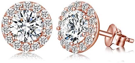 Push Back 5A+ Cubic Zirconia Diamond Halo Stud Earrings in 18K White Gold Plated 925 Sterling Silver for Unisex, Elegant Round Design