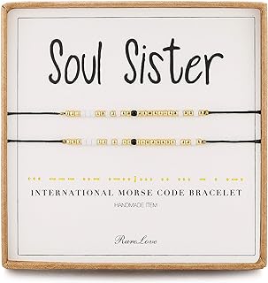RareLove 2 Pieces Soul Sister Morse Code Bracelet Inspirational Friendship Gift For 2 Best Friends Women Girls White Golden Black Tiny Pony Seed Beads Black String Bracelets