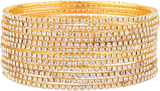 S Hook Gold-Tone Indian Bangle Bracelet with Rhinestone CZ Crystal, Box Chain Design, Elegant Wedding and Anniversary Jewelry for Women