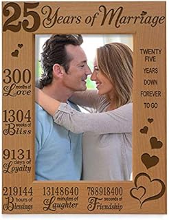 KATE POSH 25 Years of Marriage Engraved Natural Wood Frame, 25th Anniversary, Husband & Wife, 25 Years Down Forever to Go, Silver Wedding Anniversary (4x6-Vertical)