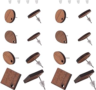 FASHEWELRY 16Pcs Wood Stud Earring Posts with Loop Teardrop Rhombus Oval Flat Round Wood Stud Earring with Ear Nuts for DIY Wooden Earrings Making (CoconutBrown)