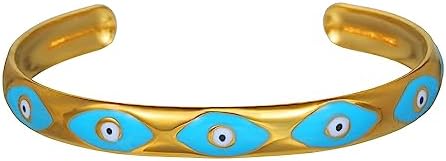 Evil Eye Bracelet for Women Teens Girls-18K Gold Plated Women's Stainless Steel Cuff Bracelets Evil Eye Drop Oil Blue Eyes Protection Bracelet
