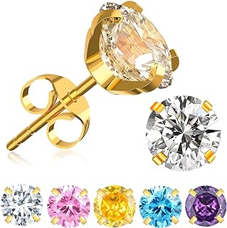 Surgical Steel + 14K Gold Plated Cubic Zirconia Stud Earrings Set with Post Back Design for Women and Girls, Hypoallergenic, 5 Pairs