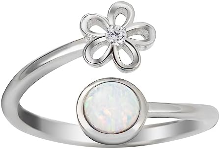 925 Sterling Silver Plumeria Flower and Full Moon, Cubic Zirconia, Adjustable Easy Resize Wrap Around Bypass Ring Eternity Band, Blue White Opal Larimar, Hypoallergenic Nickel Free, with Gift Box