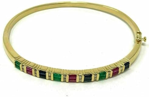 12 CT Baguette Cut Created Ruby, Emerald & Sapphire Bangle Bracelet for Women 14k Yellow Gold Finish