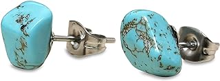 Turquoise Stud Earrings for Women, Tibetan Tiny Blue Raw Gemstone Earrings with Stainless Steel Stud for Teen Girls, Boho Western Turquoise Jewelry Hypoallergenic Earrings for Women Sensitive Ears