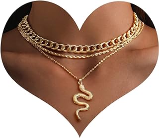 Gold Layered Link Chain Necklace with Retro Snake Pendant and Lobster Clasp for Women and Girls